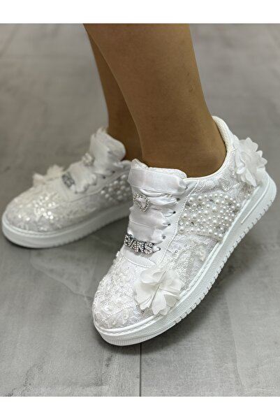 Stilo Unique Details Bridal Shoes, Evening Dress Floral Details Pearl and Crystal Stone Lightened Sole