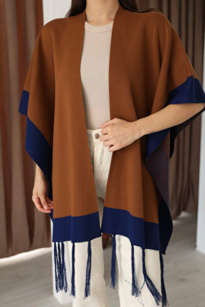 bacc Women's Cinnamon Brown Tassel Color Block Winter Knitwear Shawl Bces-253005