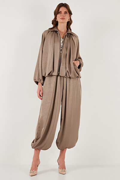 Lela Oversize Klasik Yaka Yarasa Kol Fermuarlı Saten Ceket CEKET 6839584