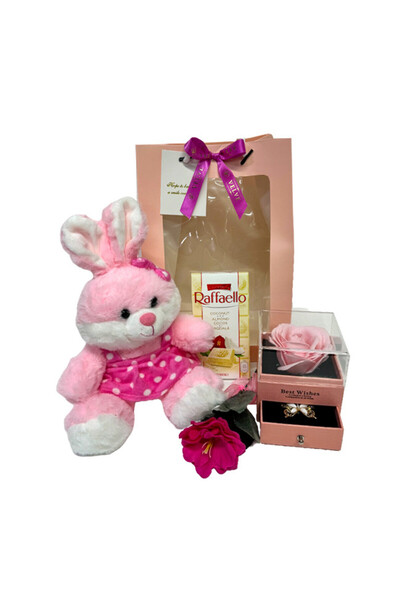 velve Set cadou Special Valentine, cu iepuras de plus 25cm, ciocolata,brosa, trandafir sapun roz