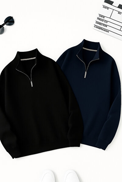 DEZZİİ 2-х кольорів чорний і синій з прямим коміром, напівзастібкою і прямим кроєм, світшот