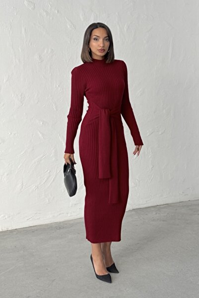 Lusin Women's Burgundy Stylish Tie Detail Midi Knit Dress