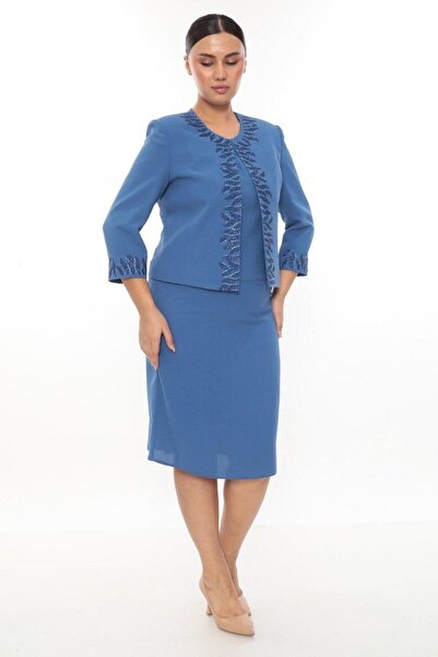 MİSS DİAMOND Stylish Stone-Embellished and Embroidered Blue Short Skirt Three...