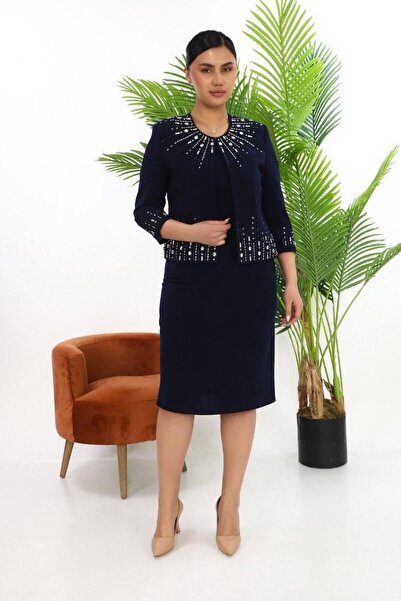 MİSS DİAMOND طقم ثلاثي مكون من سترة مطرزة بالحجر وفتحة مغلقة باللون الأزرق ال...