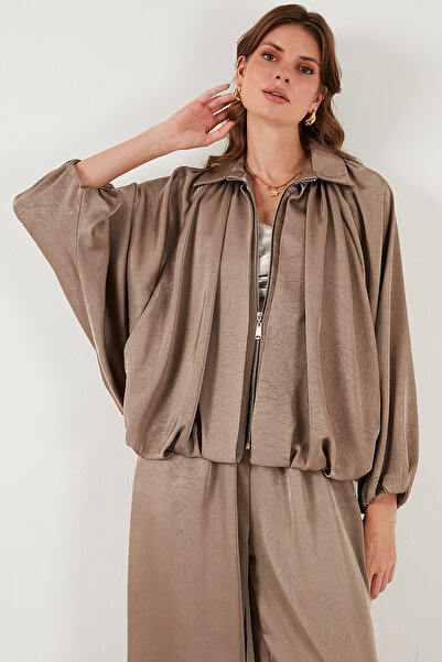 Lela Oversize Klasik Yaka Yarasa Kol Fermuarlı Saten Ceket CEKET 6839584