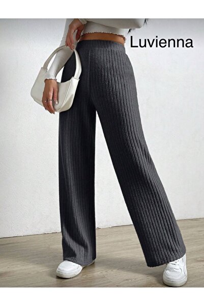 LUVIENNA Γυναικείο παντελόνι με υψηλή μέση ανθρακί με ριμπάνα υφή και φαρδύ πόδι