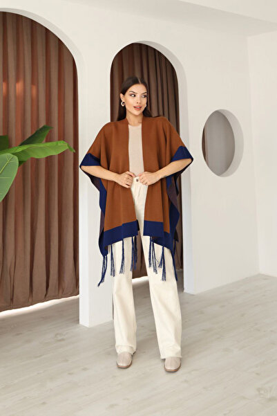 bacc Women's Cinnamon Brown Tassel Color Block Winter Knitwear Shawl Bces-253005