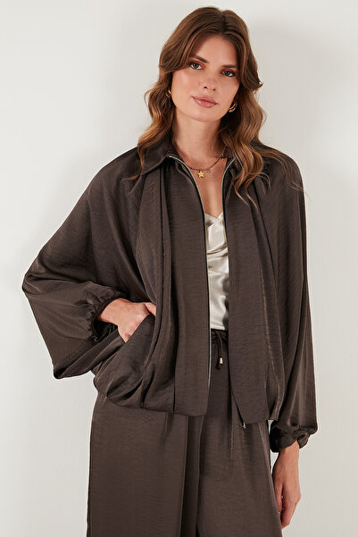 Lela Oversize Classic Collar Bat Sleeve Zippered Satin Jacket Jacket 6839584