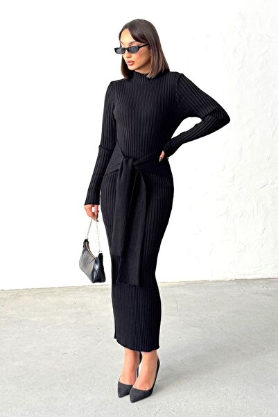 Lusin Kadın Siyah Şık Bağlama Detaylı Midi Triko Elbise