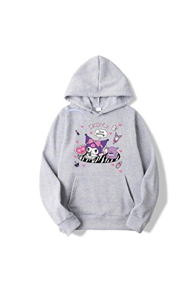 DEEFWEAR Gri Sanrio Kuromi Just Chilling Hanorac Oversize cu Imprimeu Unisex ...