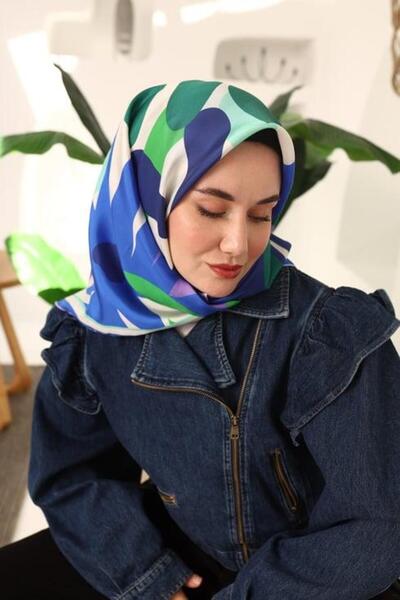 Silk Home Su Yeşili, Mor, İndigo, Lacivert, Yeşil Çiçek Desen Tivil İpek Eşarp IST 11408 - 23