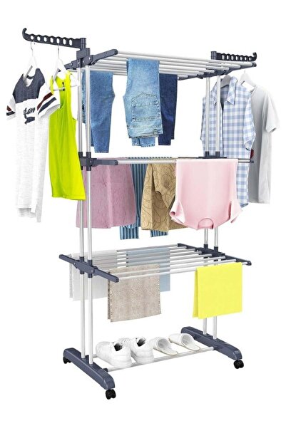 HYX رف تجفيف الملابس، رف تجفيف متحرك من الفولاذ المقاوم للصدأ مع 4 عجلات، 24 عمود تجفيف