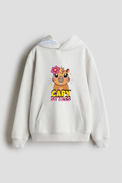 DEEFWEAR Λευκό χαριτωμένο φούτερ με κουκούλα με στάμπα Capy Styles Unisex-Tre...