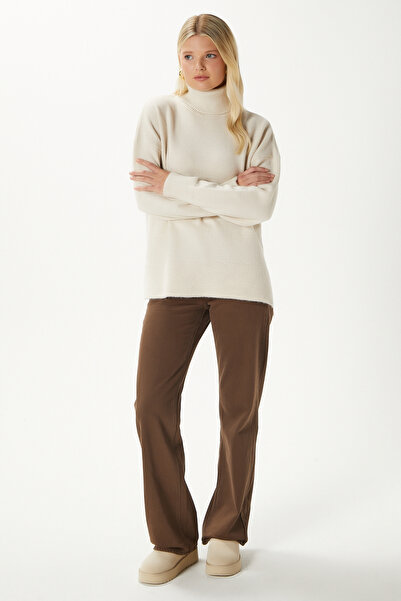 Ritnice Women's Tery Soft Textured Wide Fit Side Slit Beige Knit Sweater Xs-0028