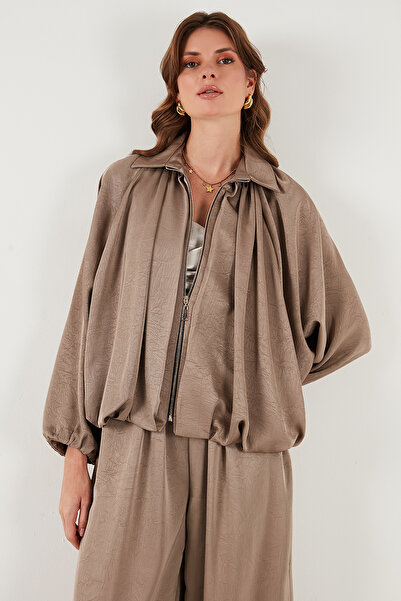 Lela Oversize Klasik Yaka Yarasa Kol Fermuarlı Saten Ceket CEKET 6839584