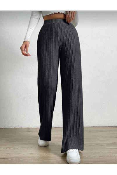 LUVIENNA Women's Anthracite High Waist Ribbed Textured Wide Leg Trousers