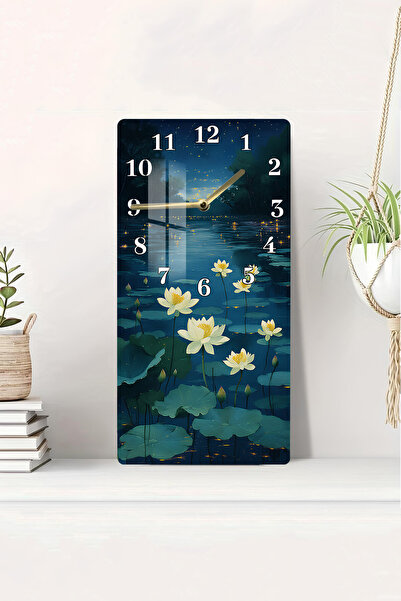 kutuTR Gece Nilüferleri ve Gökyüzü Yansımalı Temperli Cam Duvar Saati – 30X60...