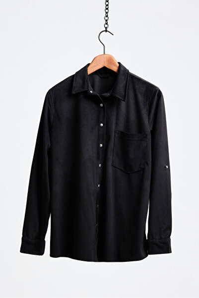 RUSK Plus Size Velvet Snap Sleeve Shirt