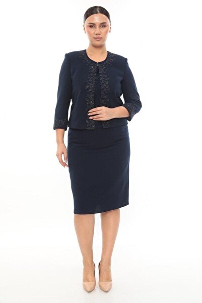 MİSS DİAMOND Stylish Jacket with Stones and Embroidery, Navy Blue Short Skirt...