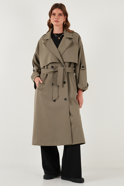 Lela Oversize Fit Kruvaze Yaka Düğmeli Kemerli Uzun Trençkot TRENÇKOT 6839476