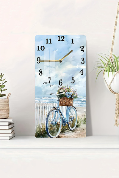 kutuTR Mavi Bisiklet ve Deniz Manzaralı Temperli Cam Duvar Saati – 33x33 cm U...