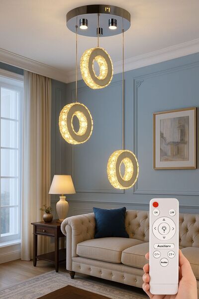 VENON Parıltı 3 Halkalı Sarkıt Kumandalı Kristal LED Sarkıt Avize Lüks Salon ...