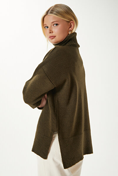 Ritnice Pulover de tricotat kaki cu textura moale Tery pentru femei, cu croiala lată, cu fante laterale, XS-0028