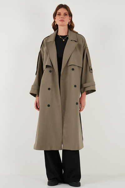 Lela Oversize Fit Kruvaze Yaka Düğmeli Kemerli Uzun Trençkot TRENÇKOT 6839476