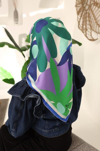 Silk Home Su Yeşili, Mor, İndigo, Lacivert, Yeşil Çiçek Desen Tivil İpek Eşarp IST 11408 - 23