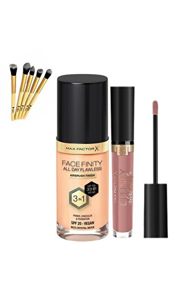 Max Factor Mat Ruj - Lipfinity Velvet 015 Silk +Facefinity 3'ü 1 Arada Kalıcı Fondöten Set+Bambu Fırça Hediye