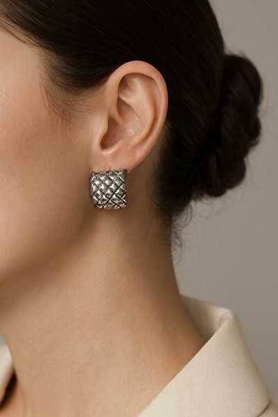 Kokoş Kare Detay Earrings Silver Color