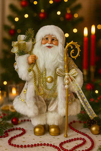 Huzur Party Store 30cm Gold Santa Claus Figure with Staff and Gift Sack Detailed Christmas New Year Tree Decoration Gift