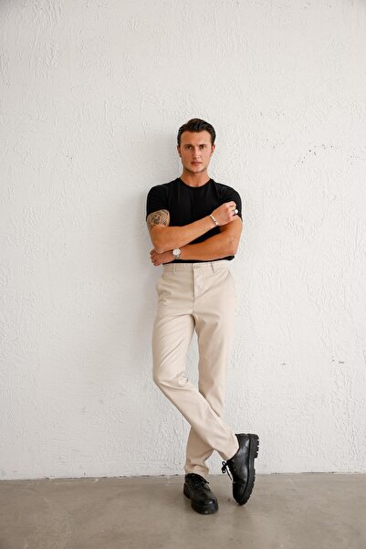 BRACCAS Erkek Armürlü Slim Fit Bej Pantolon