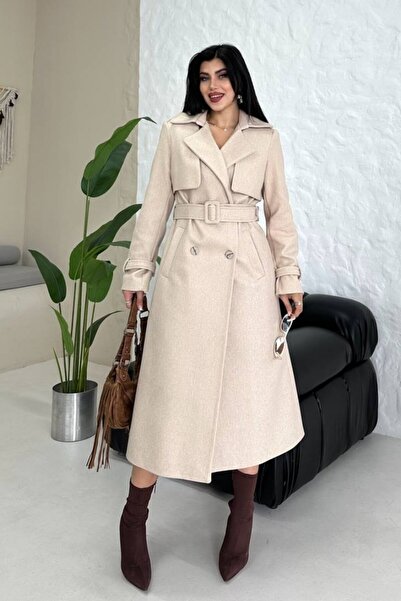 AKD Atelier Women's Coat Long Cashmere Belted Buttoned Pocketed Double Breasted Premium Coat