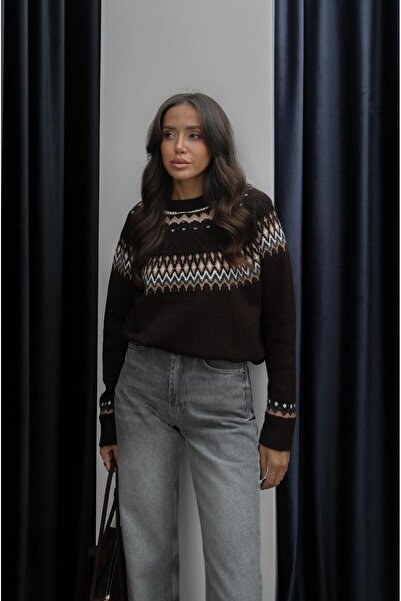 Havoş Kahverengi Lopapeysa Desenli Kazak