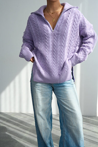 LOOSH Kadın Lila Fermuar Yaka Saç Örgü Desenli Premium Doku Overisize Kazak