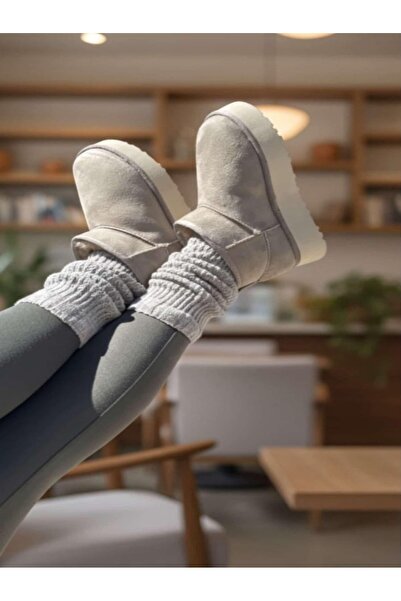 C Bulut Collection Mini Bej Süet İçi Kürklü Kalın Taban Kadın Bot