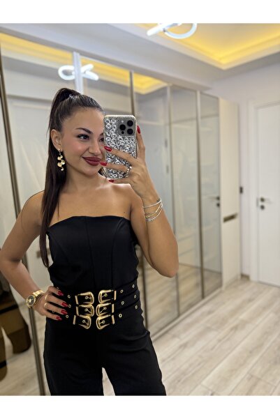 Gamze Ege Fashion Siyah tulum gold kemer detaylı