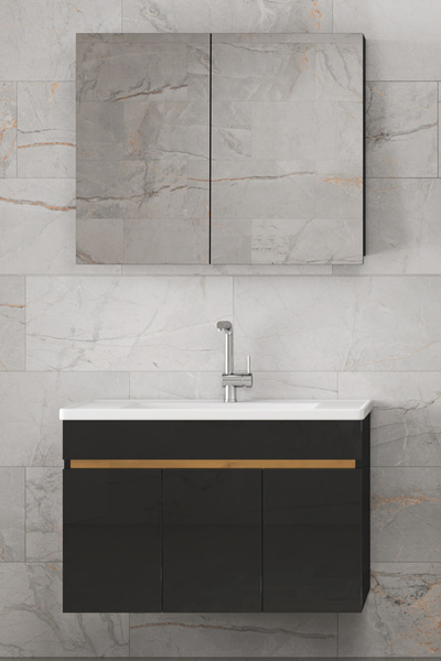 Alfa Banyo Viola3-S Siyah 80 Cm Ayna Dolaplı Seramik Lavabolu Mdf Banyo Dolabı Seti--Hazır Kurulu--