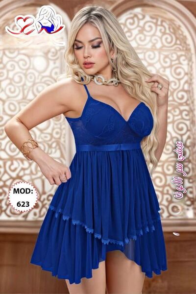 Nice Model Lace Bodice Babydoll Nightgown Asymmetric Pleated Hem Spaghetti Strap Women's Intimate Lingerie