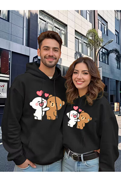 NEVERMIND Combinație pentru cuplu iubit Cute Teddy Bear cu imprimeu cu glugă Swea tricou Set de 2 Seturi 3 fire de bumbac