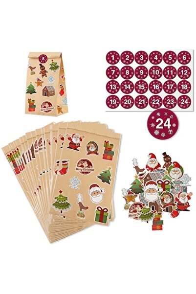 OEM Set 24 pungi cadou Crăciun, Calendar de Advent pentru copii cu 24 de autocolante cu numere și 100 de modele cu tematică de Crăciun