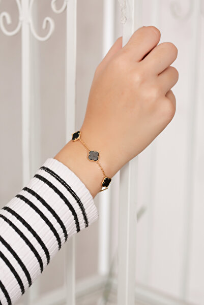 aviola jewelry Gümüş Siyah Yonca Bileklik – 925 Ayar Gümüş Üzeri 14K Altın Ka...