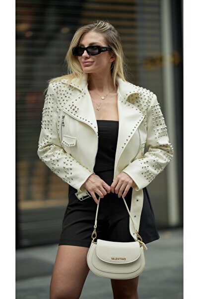 ByRanaBuyuk White Studded Leather Jacket