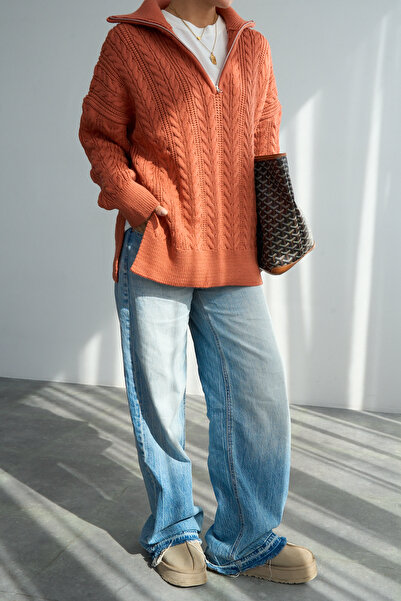 LOOSH Kadın Turuncu Fermuar Yaka Saç Örgü Desenli Premium Doku Overisize Kazak