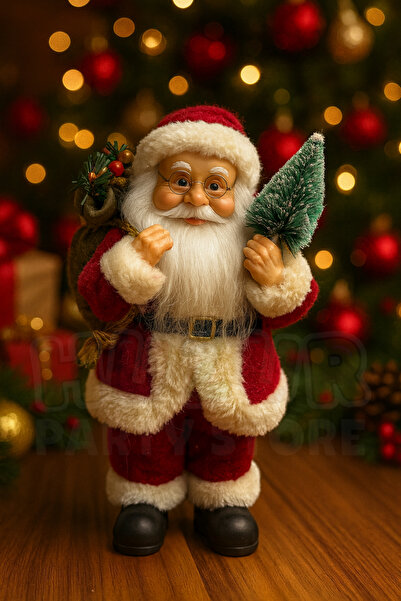 Huzur Party Store 25cm Santa Claus Figure Christmas Tree Decoration with Pine Tree and Sack Detail New Year Tree Decoration Gift Ornament