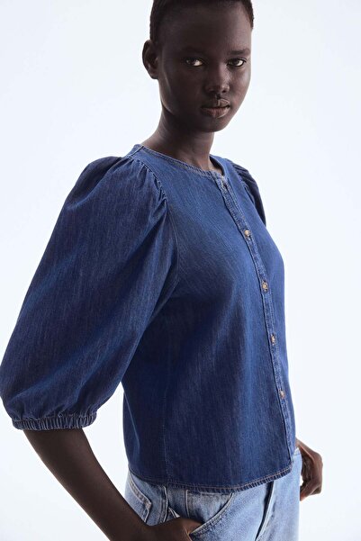 H&M Balloon-sleeved denim blouse