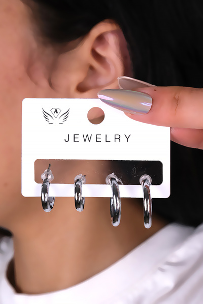 LOWEN AKSESUAR 4 قطع من الأقراط النسائية ذات اللون الفضي