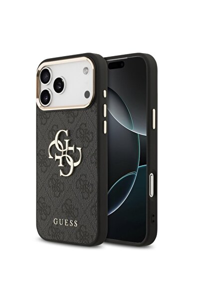 Guess Husa PU Leather 4G Metal Logo Gold Frame iPhone 17 Pro Max Negru