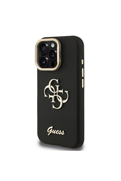 Guess Husa Grained 4G Logo Stand Camera Frame iPhone 15 Pro Max Negru